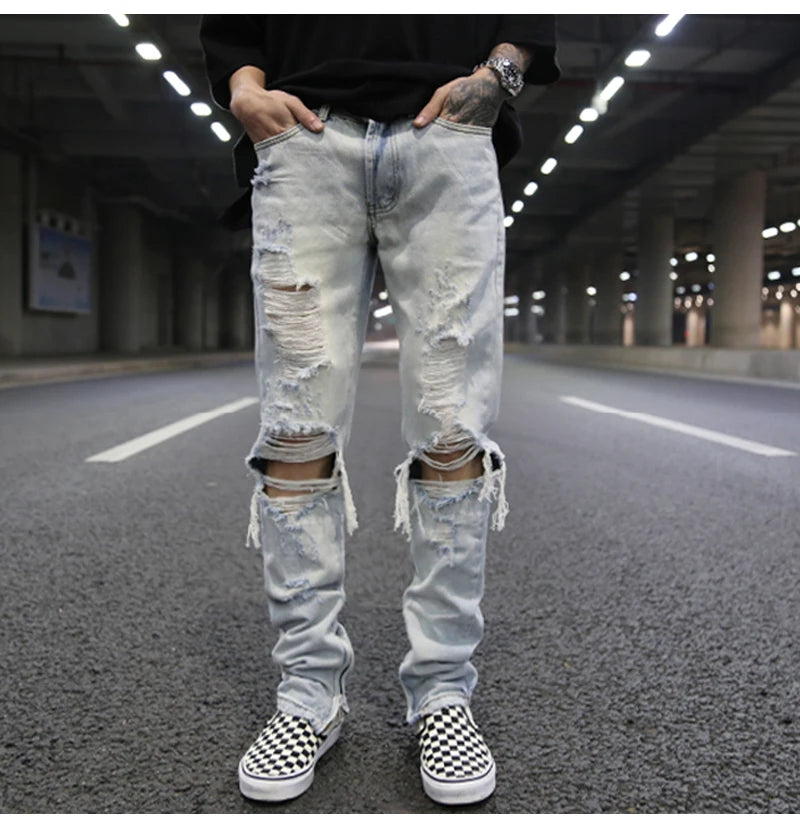 bottom zipper knee holes denim jeans destroyed ripped slim mens biker jeans new men fashion streetwear hip hop pants joggers streetwear sweatpants