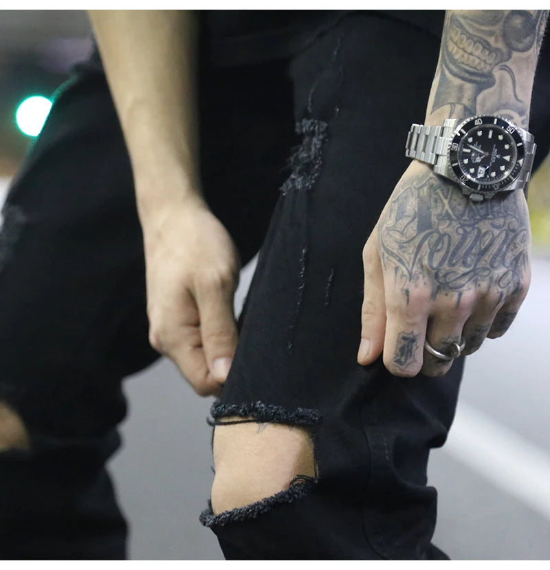 high street knee hole ripped biker jeans men slim fit elastic denim pants autumn new casual black stretch hip hop pants jogger unique joggers style 1741