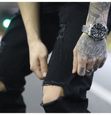 high street knee hole ripped biker jeans men slim fit elastic denim pants autumn new casual black stretch hip hop pants jogger unique joggers style 1741