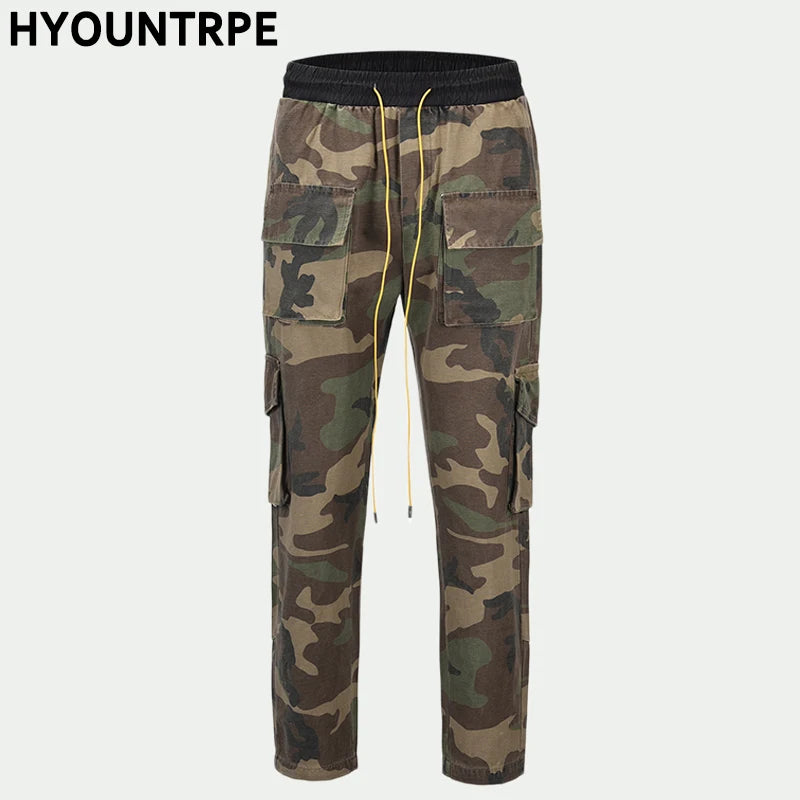 mens camouflage hip hop pants bottom button pockets cargo trousers fashion elastic waist drawstring sportswear streetwear jogger unique joggers style 3425