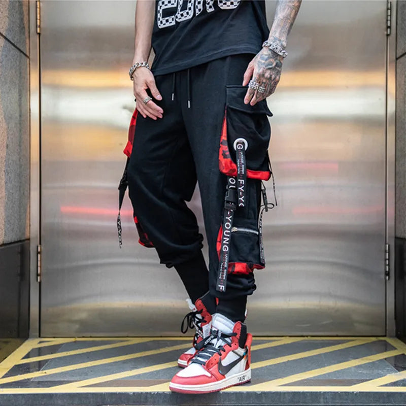 hip hop ribbons cargo pants men joggers pants streetwear men 2023 fashion mens elastic waist pant ribbons cotton black hw203 urban active pants