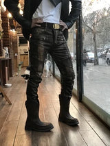 designer metal printed punk style jeans for men motorcycle vintage zipper hip hop coated pants 2018 new streetwear biker pants unique jeans style 2232