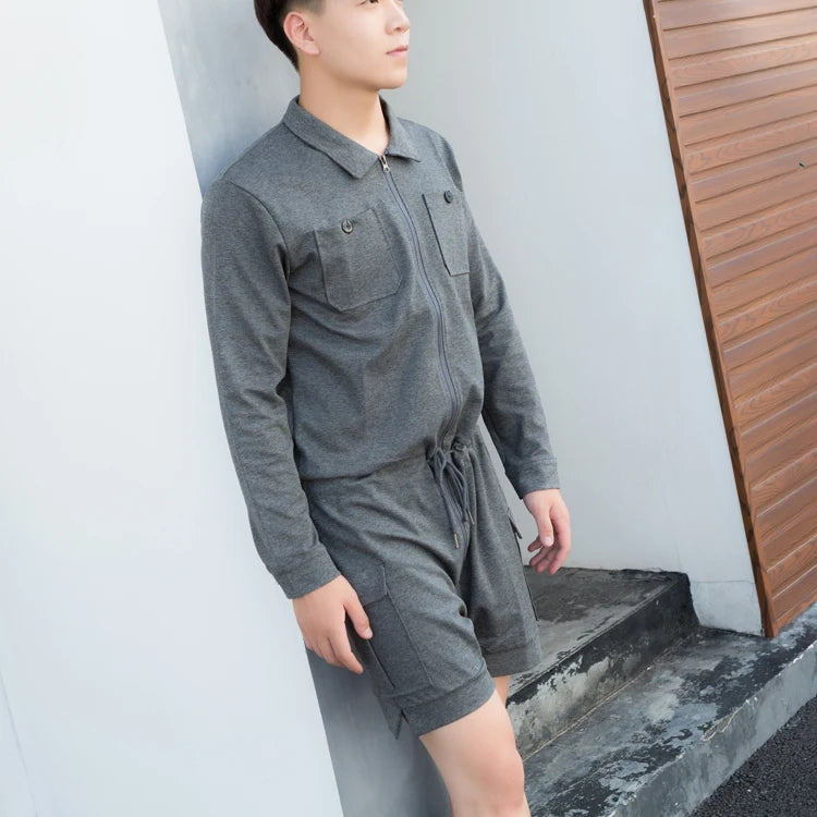 fashion zipper men rompers new summer long sleeve drawstring jumpsuit cargo pockets tops trousers black one piece suits overalls unique cargo style 3316