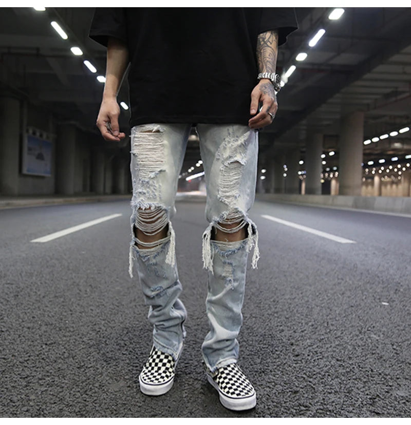 bottom zipper knee holes denim jeans destroyed ripped slim mens biker jeans new men fashion streetwear hip hop pants joggers unique joggers style 3395