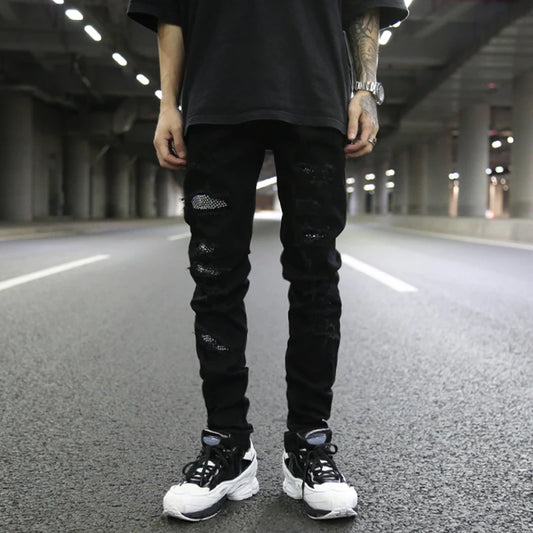 graffiti printed ripped destroied denim jean mens distressed biker jeans with sequins 2018 fashion high street slim pants jogger casual joggers
