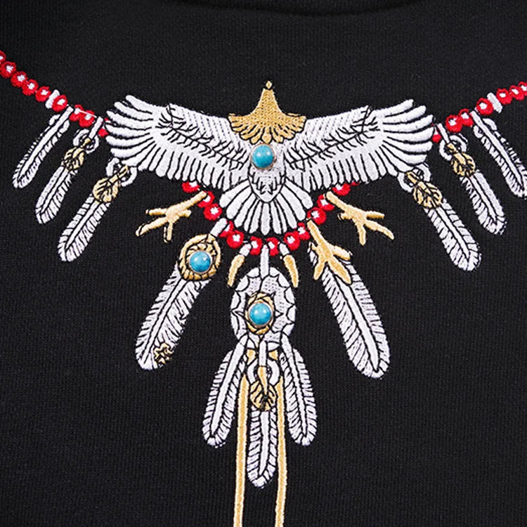 New 2019 Men Turquoise Embroidery Eagle Feathers Hoodies Hoody Hooded