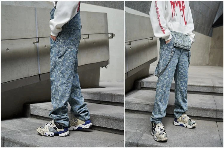 hip hop denim suspender trousers 2019 spring mens new fashion embroidery denim jeans jumpsuit loose straight casual pants unique jeans style 879