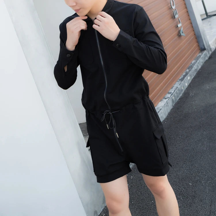 fashion zipper men rompers new summer long sleeve drawstring jumpsuit cargo pockets tops trousers black one piece suits overalls unique cargo style 3306