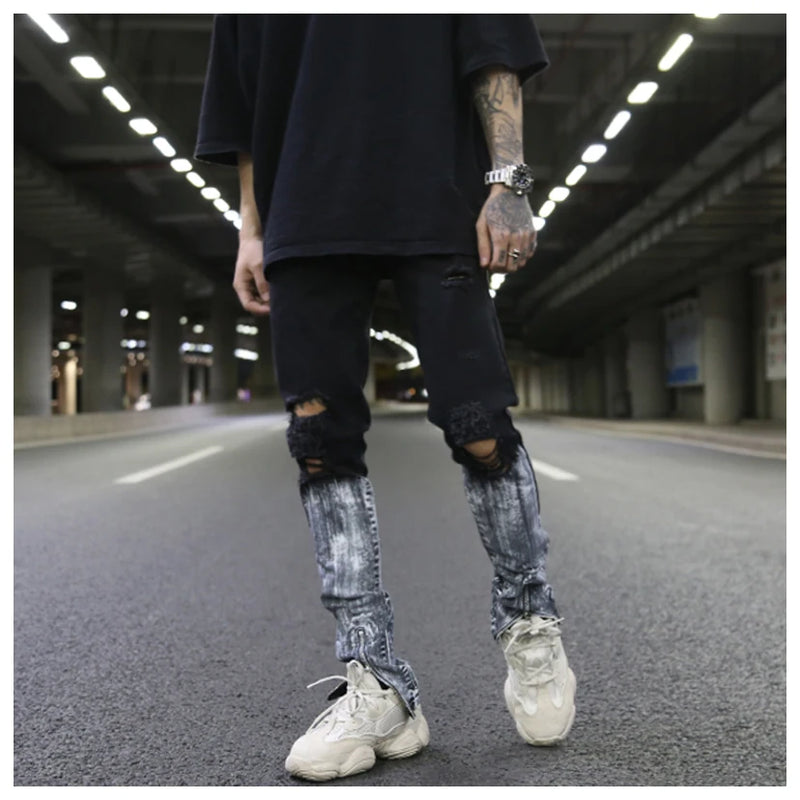 bottom graffiti printed zipper denim jeans mens ripped knee hole biker jean motorcycle slim trousers streetwear hip hop pants unique jeans style 2711