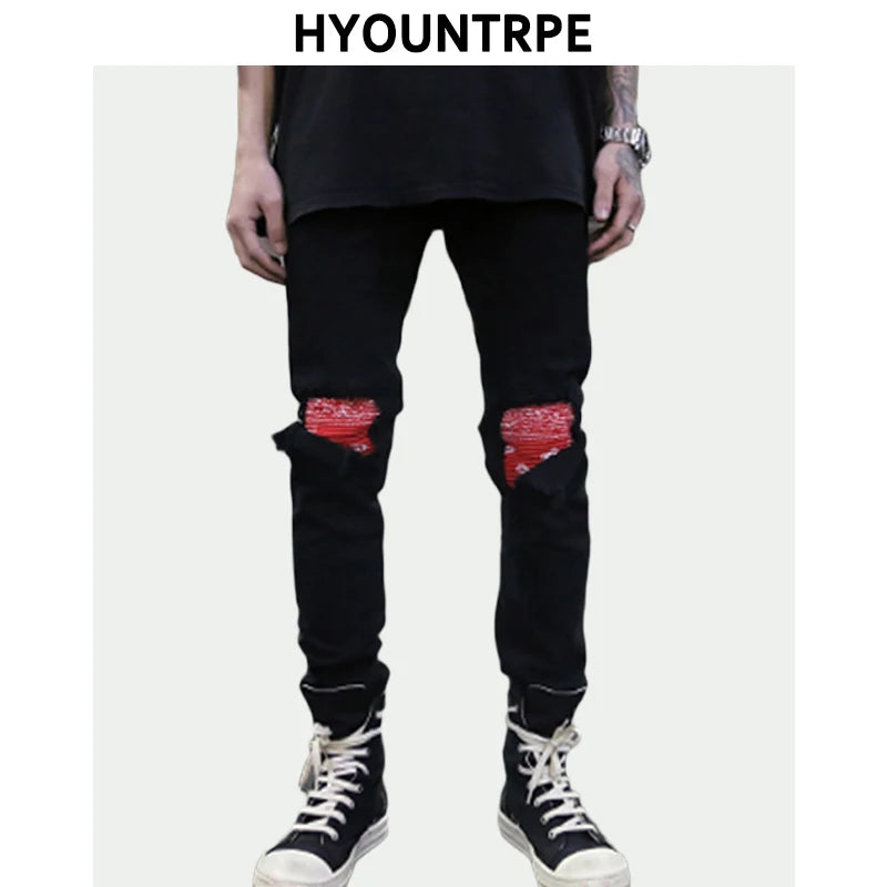 knee patchwork jeans for men hip hop skinny biker taped jean trousers slim fit black denim pants fashion streetwear jogger casual joggers