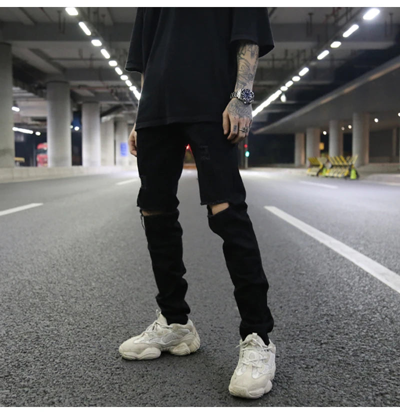 high street knee hole ripped biker jeans men slim fit elastic denim pants autumn new casual black stretch hip hop pants jogger unique joggers style 1739