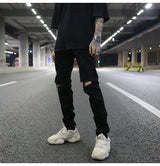 high street knee hole ripped biker jeans men slim fit elastic denim pants autumn new casual black stretch hip hop pants jogger unique joggers style 1739