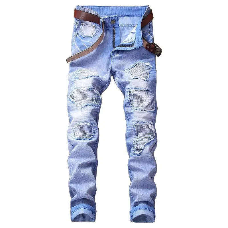 fashion ripped biker jeans denim distressed trousers slim fit zippers hip hop jeans motorcycle pants casual streetwear for men unique jeans style 1949