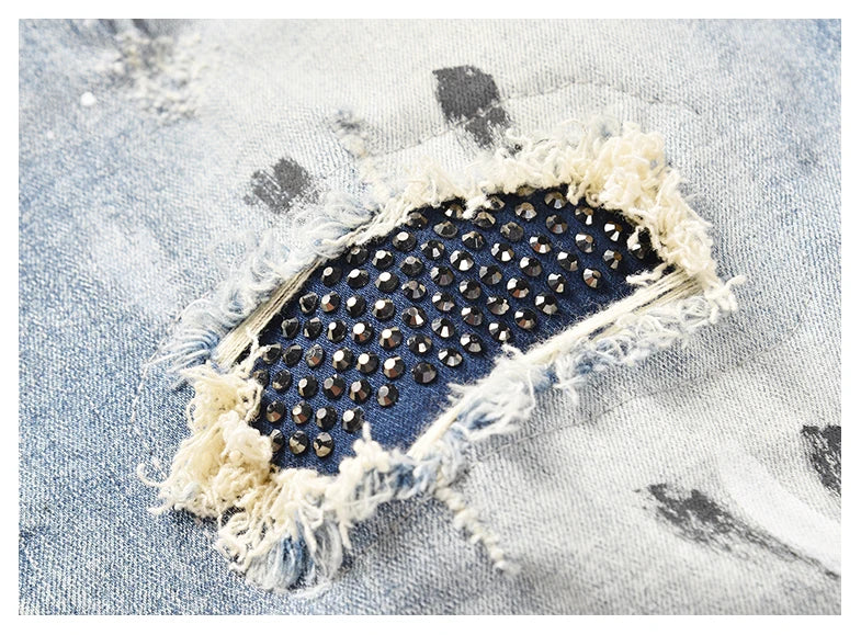 graffiti printed ripped destroied denim jean mens distressed biker jeans with sequins 2018 fashion high street slim pants jogger unique joggers style 3354