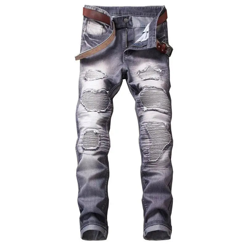 fashion ripped biker jeans denim distressed trousers slim fit zippers hip hop jeans motorcycle pants casual streetwear for men unique jeans style 1939