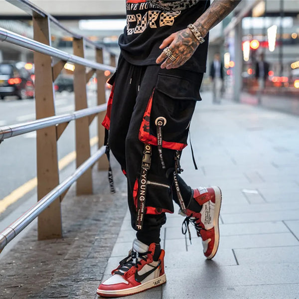 hip hop ribbons cargo pants men joggers pants streetwear men 2023 fashion mens elastic waist pant ribbons cotton black hw203 streetwear sweatpants