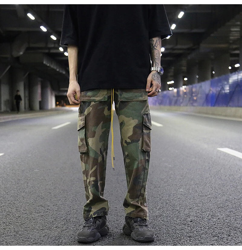 mens camouflage hip hop pants bottom button pockets cargo trousers fashion elastic waist drawstring sportswear streetwear jogger unique joggers style 3430
