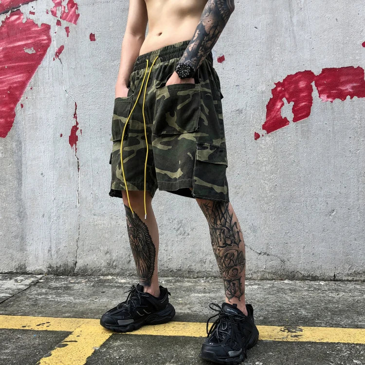 mens camouflage hip hop shorts stitching pockets cargo shorts casual elastic waist drawstring sportswear streetwear short pants baggy cargo bottoms