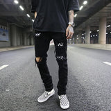 knee hole destroyed jeans patchwork plaid patch ripped slim mens biker jeans fashion streetwear hip hop zipper pants jogger casual joggers