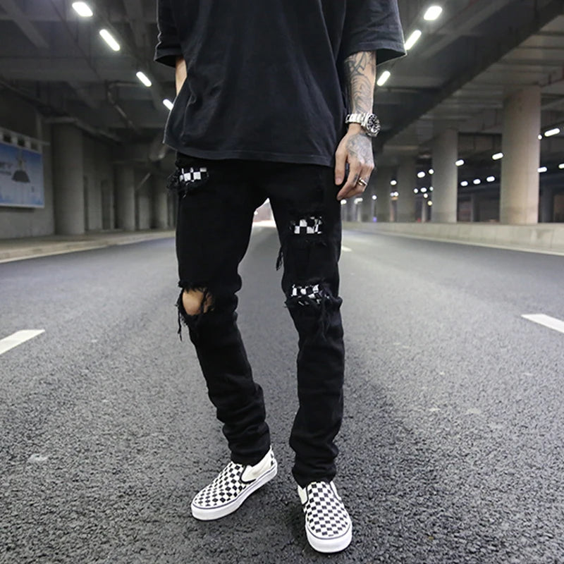 knee hole destroyed jeans patchwork plaid patch ripped slim mens biker jeans fashion streetwear hip hop zipper pants jogger casual joggers