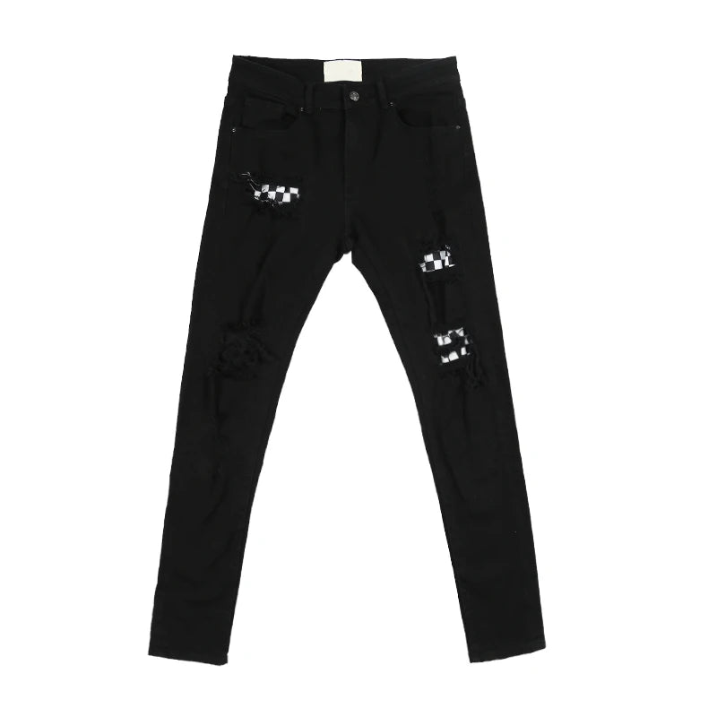 knee hole destroyed jeans patchwork plaid patch ripped slim mens biker jeans fashion streetwear hip hop zipper pants jogger unique joggers style 4242