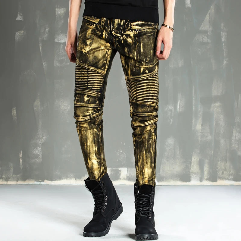 designer metal printed punk style jeans for men motorcycle vintage zipper hip hop coated pants 2018 new streetwear biker pants unique jeans style 2229