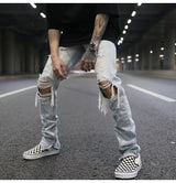 bottom zipper knee holes denim jeans destroyed ripped slim mens biker jeans new men fashion streetwear hip hop pants joggers unique joggers style 3399