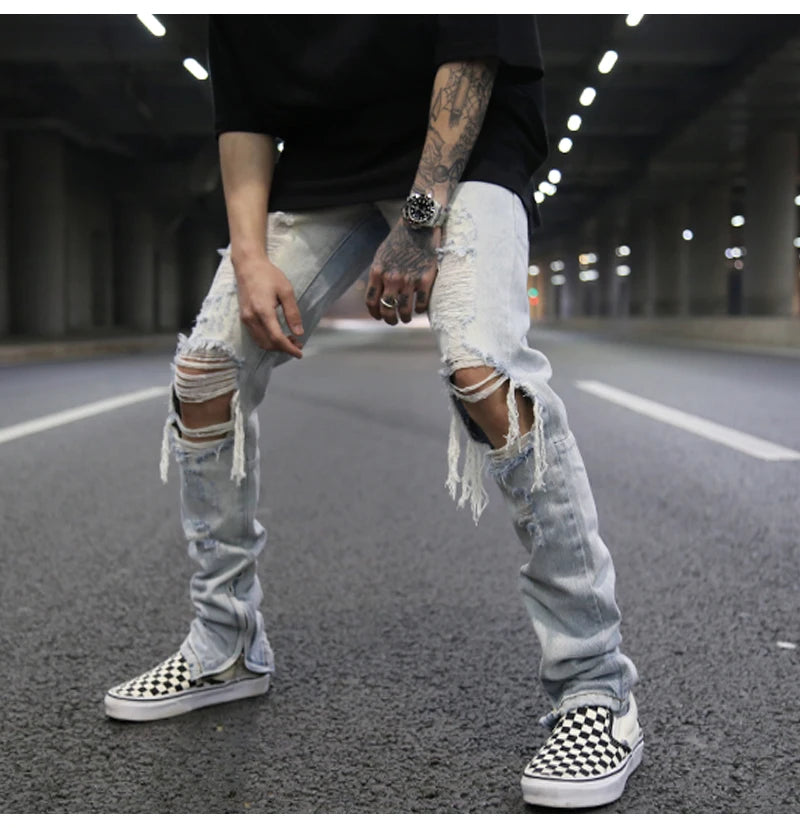bottom zipper knee holes denim jeans destroyed ripped slim mens biker jeans new men fashion streetwear hip hop pants joggers unique joggers style 3399