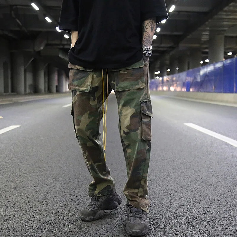 mens camouflage hip hop pants bottom button pockets cargo trousers fashion elastic waist drawstring sportswear streetwear jogger casual joggers