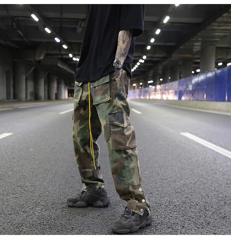 mens camouflage hip hop pants bottom button pockets cargo trousers fashion elastic waist drawstring sportswear streetwear jogger unique joggers style 3435