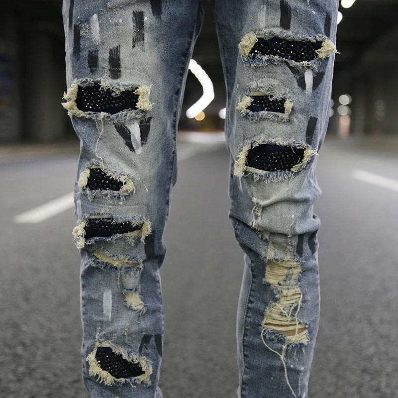 graffiti printed ripped destroied denim jean mens distressed biker jeans with sequins 2018 fashion high street slim pants jogger relaxed fit joggers