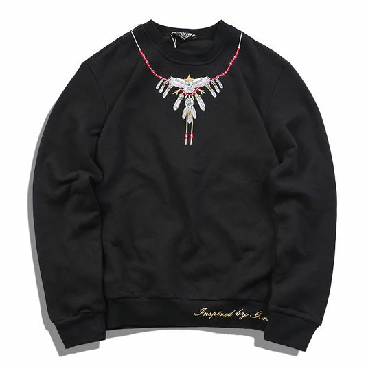 New 2019 Men Turquoise Embroidery Eagle Feathers Hoodies Hoody Hooded