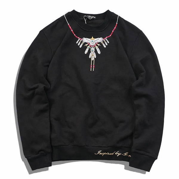 New 2019 Men Turquoise Embroidery Eagle Feathers Hoodies Hoody Hooded