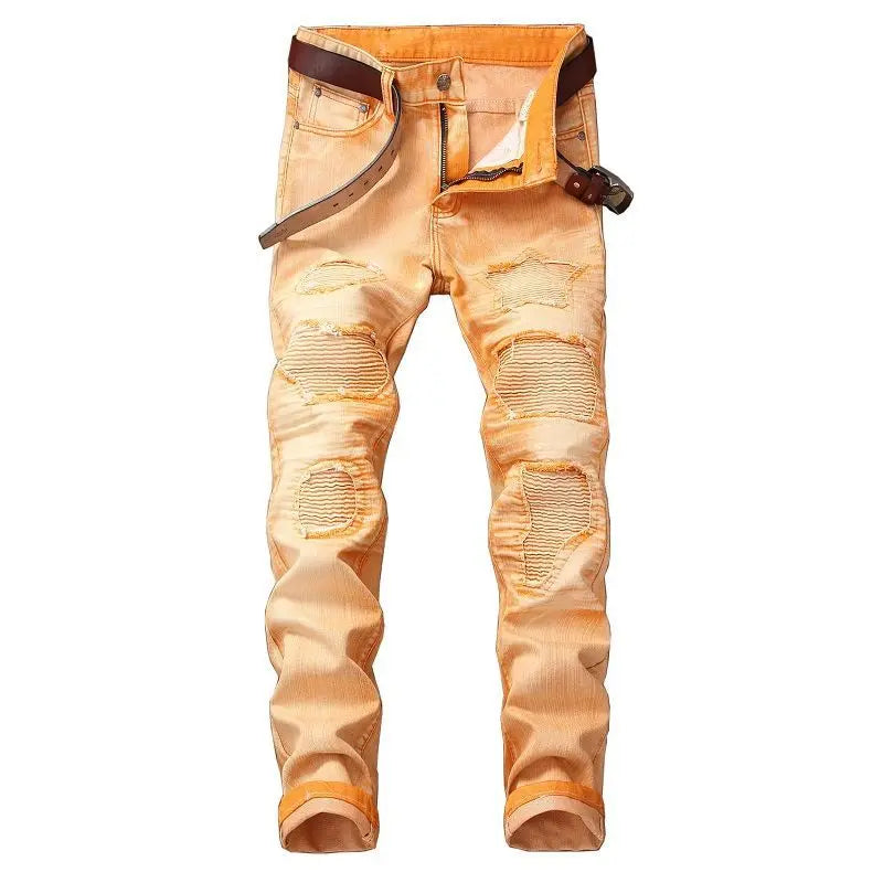 fashion ripped biker jeans denim distressed trousers slim fit zippers hip hop jeans motorcycle pants casual streetwear for men unique jeans style 1930