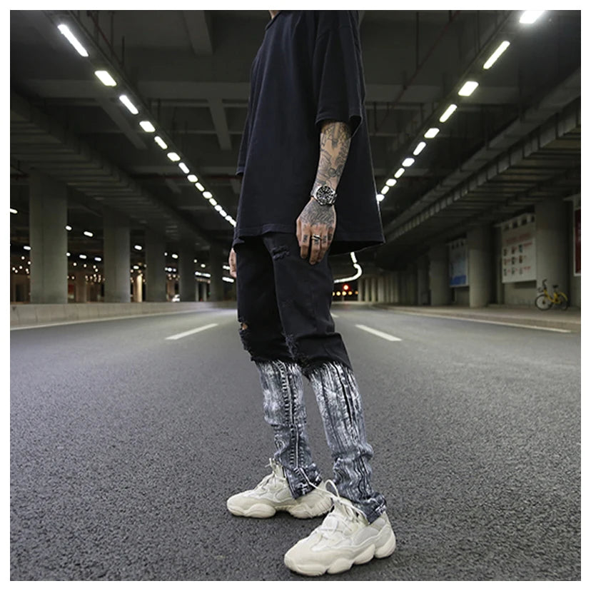 bottom graffiti printed zipper denim jeans mens ripped knee hole biker jean motorcycle slim trousers streetwear hip hop pants unique jeans style 2712