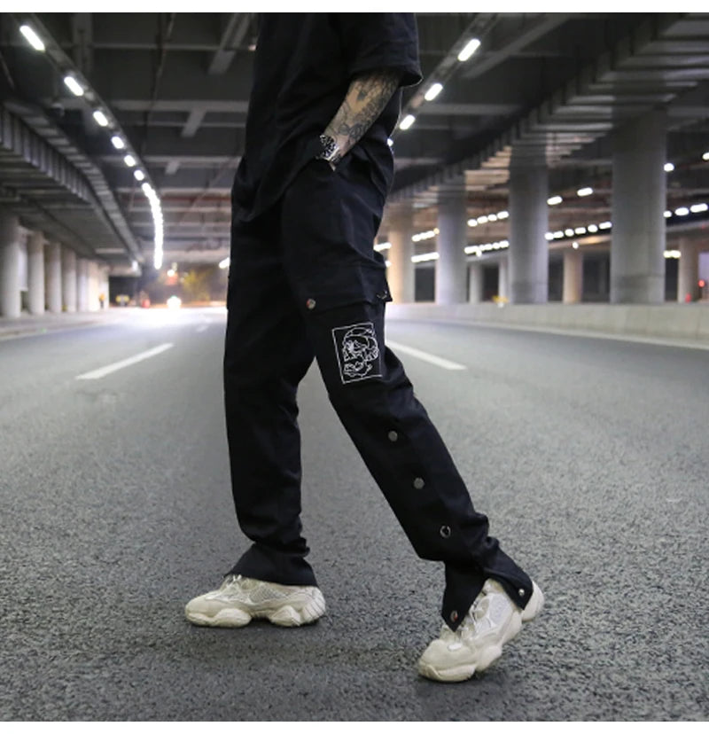 mens casual hip hop joggers side button trouser elastic waist drawstring sweatpants 2019 new cargo pockets streetwear man pants unique joggers style 2426
