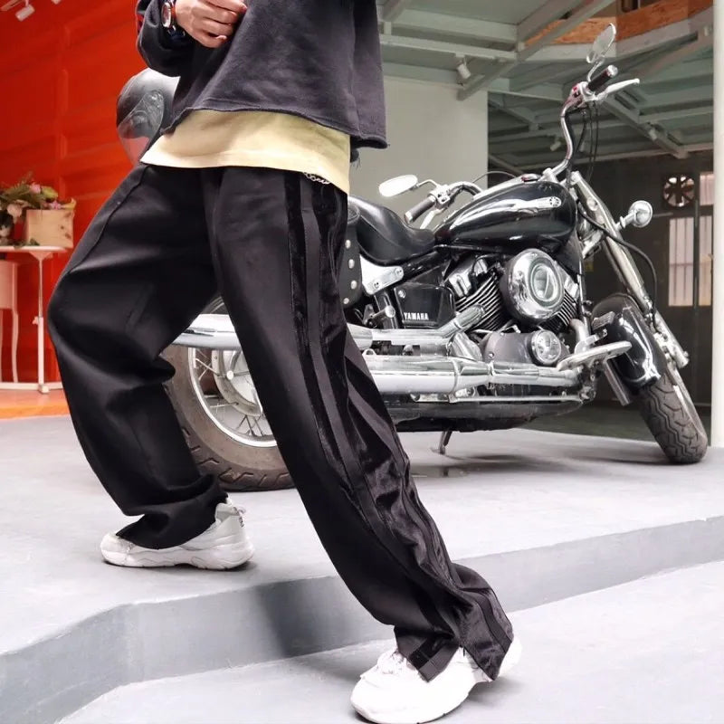 bottom zipper wide leg pants mens fashion straight trousers new loose hip hop streetwear men casual spring summer long pant relaxed fit trousers