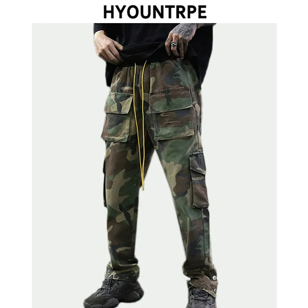 mens camouflage hip hop pants bottom button pockets cargo trousers fashion elastic waist drawstring sportswear streetwear jogger relaxed fit joggers