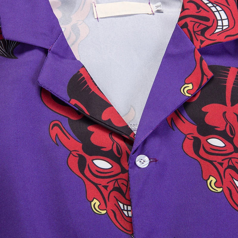 Devil Full Printing Turn-down Collar Casual Shirts High Street Pink /Purple