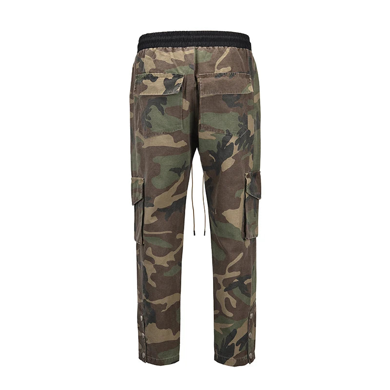 mens camouflage hip hop pants bottom button pockets cargo trousers fashion elastic waist drawstring sportswear streetwear jogger unique joggers style 3441