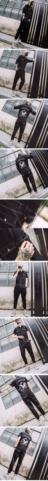 Autumn Embroidery Denim Jumpsuit Mens Fashion Single Breasted Rompers Long Sleeve Pockets Overalls New One-piece Suits Romper