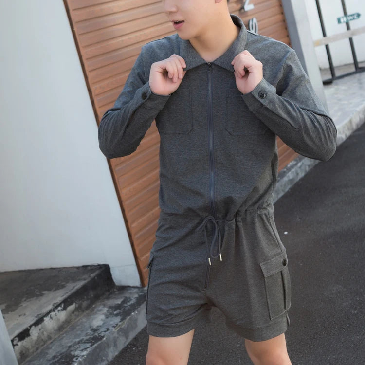 fashion zipper men rompers new summer long sleeve drawstring jumpsuit cargo pockets tops trousers black one piece suits overalls unique cargo style 3312