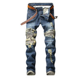 mens knee pleated ripped denim jeans fashion patchwork camouflage retro blue motorcycle trousers hiphop streetwear biker pants unique jeans style 1050