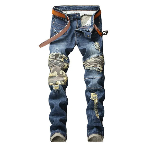 mens knee pleated ripped denim jeans fashion patchwork camouflage retro blue motorcycle trousers hiphop streetwear biker pants unique jeans style 1050