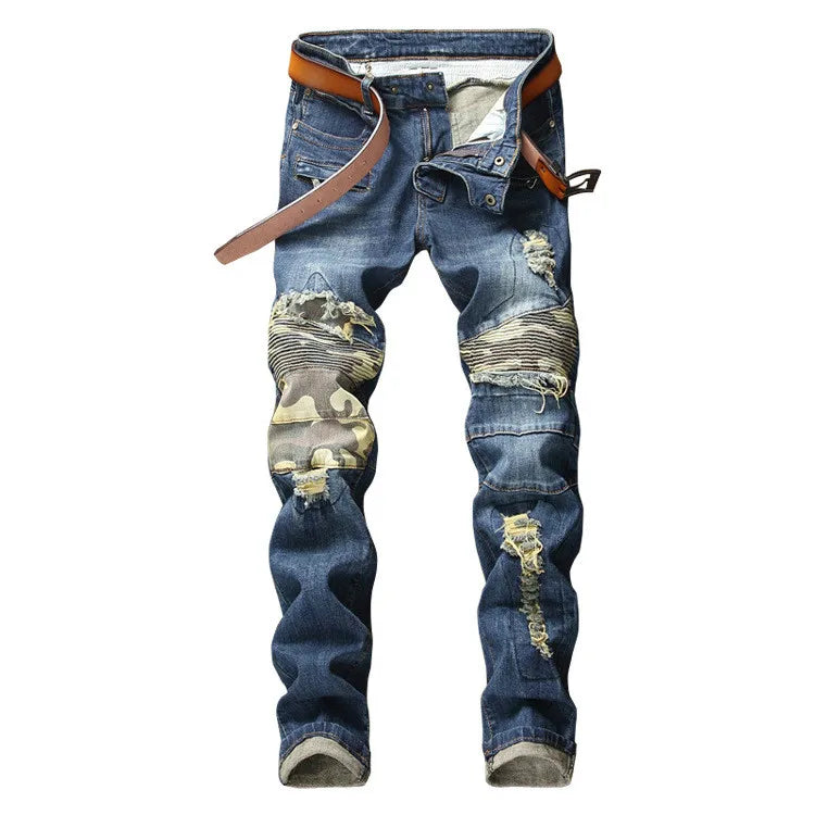 mens knee pleated ripped denim jeans fashion patchwork camouflage retro blue motorcycle trousers hiphop streetwear biker pants unique jeans style 1050