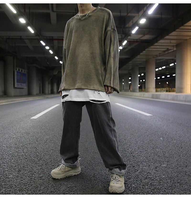 high street vintage wash sweater men loose knitted pullovers long sleeve hip hop oversize sweaters autumn casual jumper knitwear high quality cotton pullover, urban wear with bold artwork, trendy hip hop style outerwear