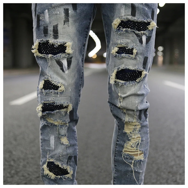 graffiti printed ripped destroied denim jean mens distressed biker jeans with sequins 2018 fashion high street slim pants jogger unique joggers style 3337