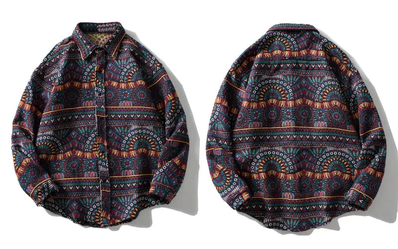 Gonthwid Knitted Shirts Harajuku Geometry Nation Style Flowers Button