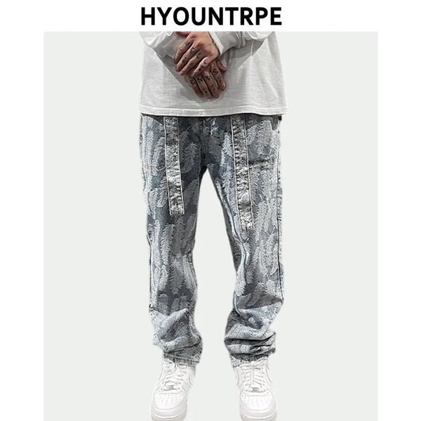 high street feathers embroidery denim pants mens zipper straight jeans trouser with belt hip hop streetwear loose joggers pants urban active pants
