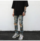 high street butterfly embroidery knee ripped hole jeans mens casual hip hop distressed jeans slim fit skinny denim pants joggers unique joggers style 1882